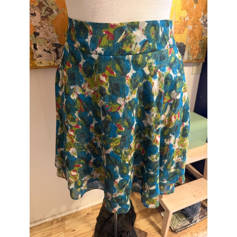 Trulli Silk Mini Skirt Abstract Floral Blue Green Tiered Flared Lined Size 2-M